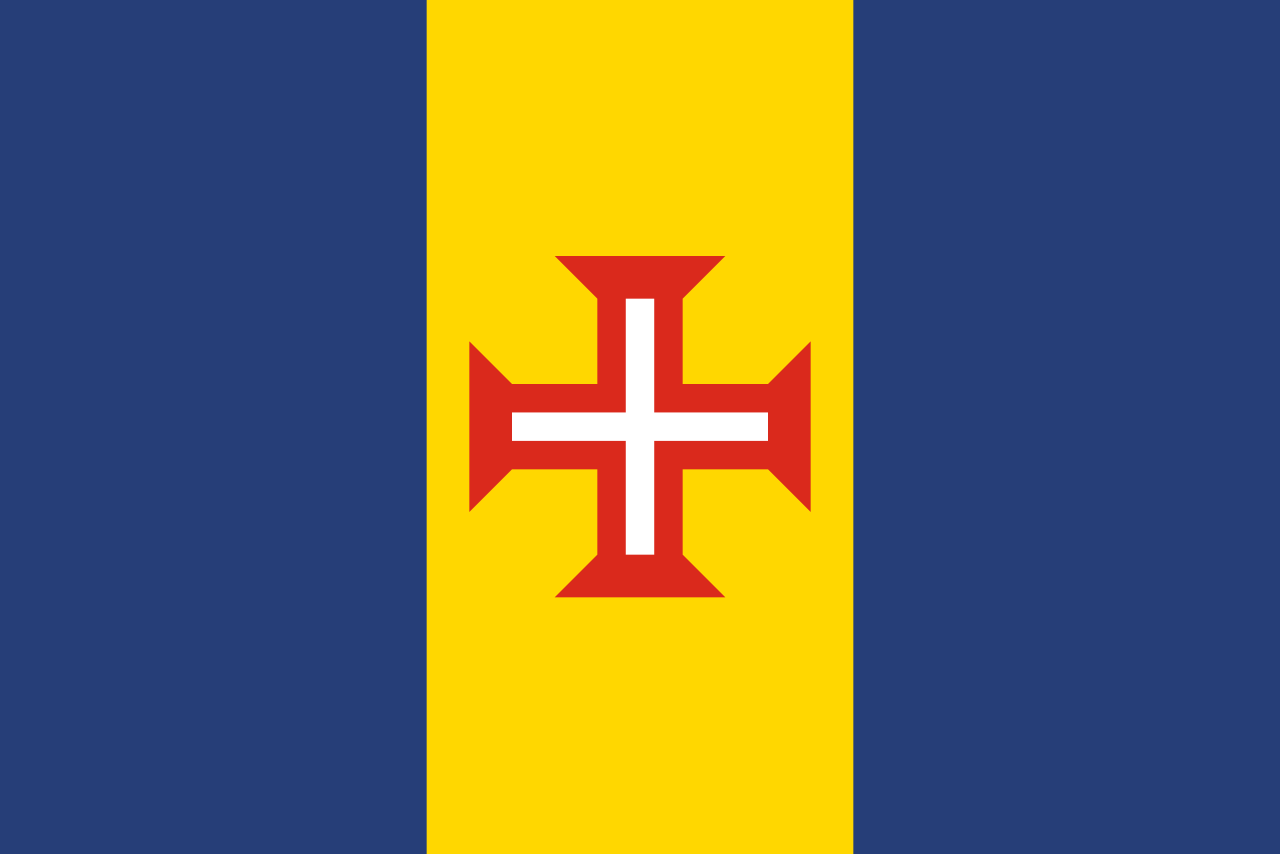 Maderia Flag: a red & white cross on a yellow and blue background