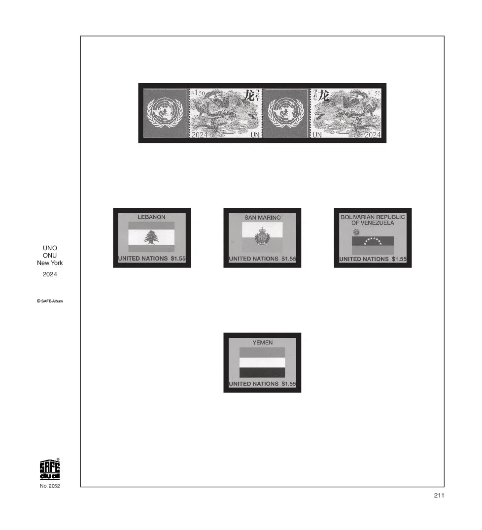 Illustration of black and white stamps from the UN:New York 2024 annual supplement, displayed on a white background.