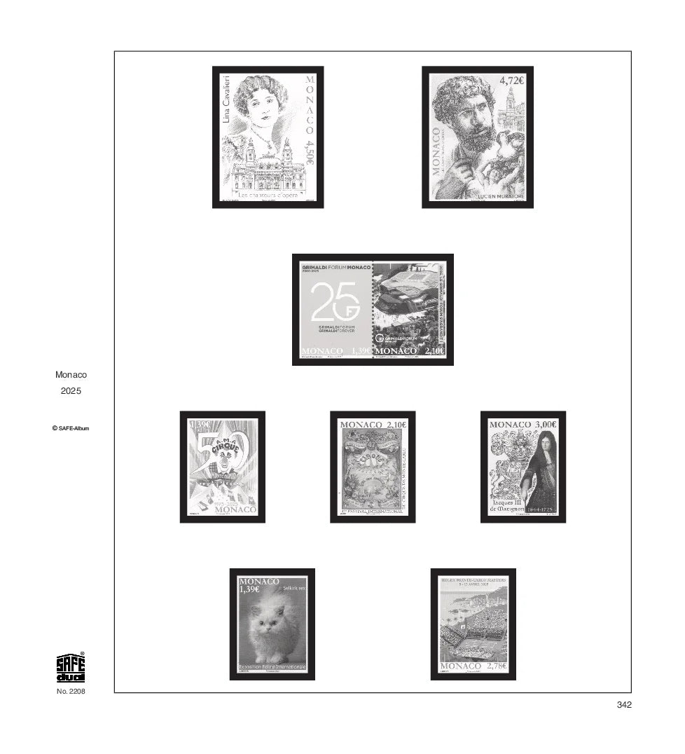 Illustration of black and white stamps from the Monaco's 2025 annual supplement, displayed on a white page.