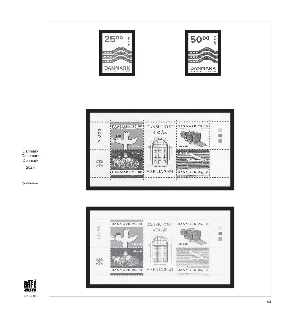 Illustration of black and white stamps from the Denmark's 2024 annual supplement, displayed on a white page.
