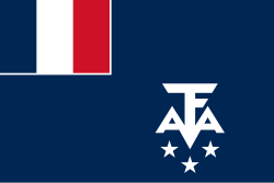 French Antarctic Flag with a red, white, and blue section on the left and a white logo on the right.