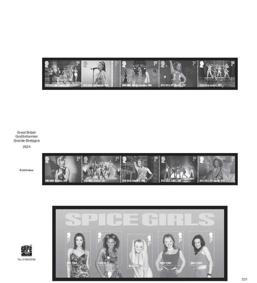 Collection of Spice Girls-themed stamps from Great Britain's 2024 annual supplement on a white background.