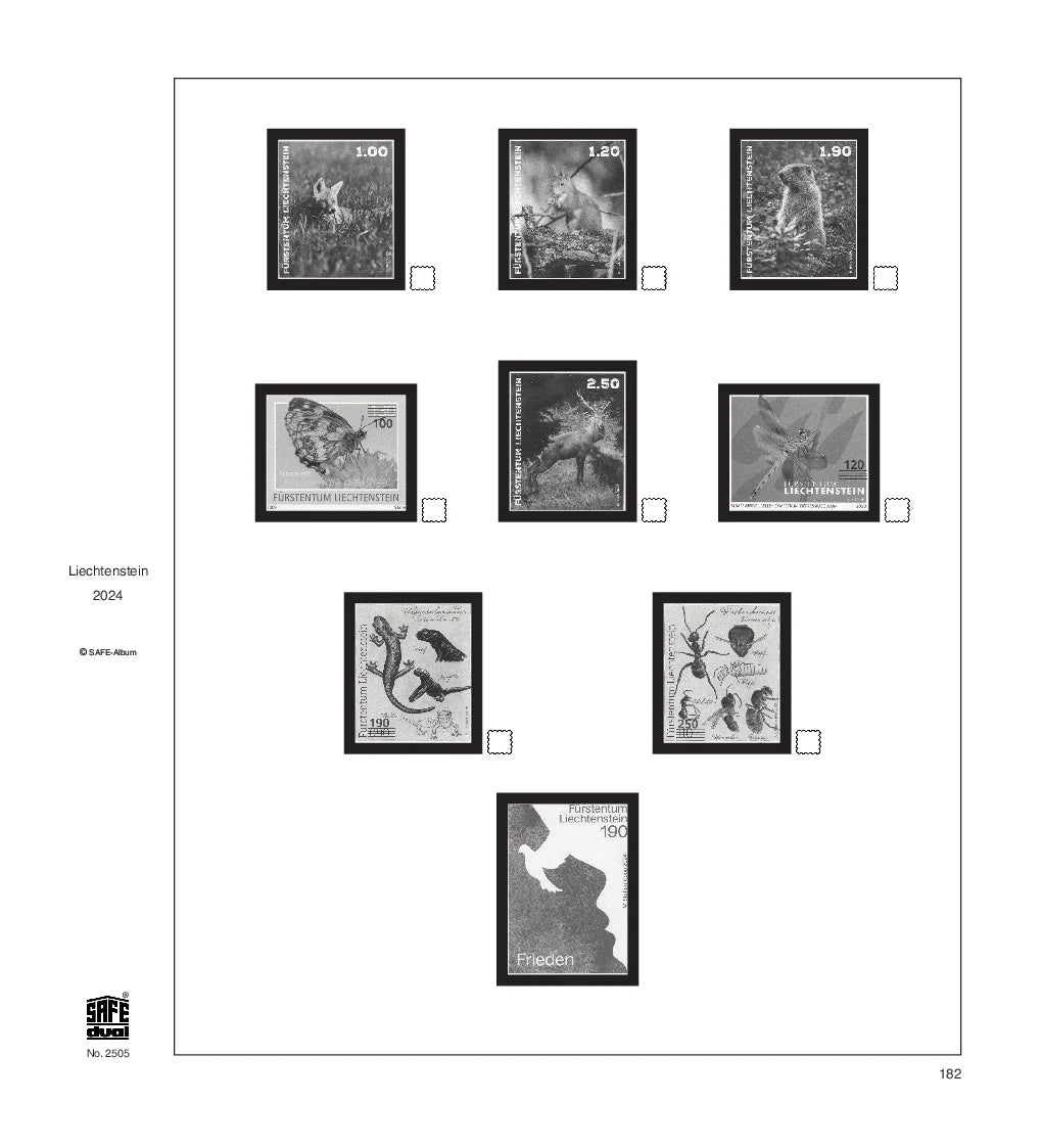 Illustration of black and white stamps from the Liechtenstein's 2024 annual supplement, displayed on a white background.