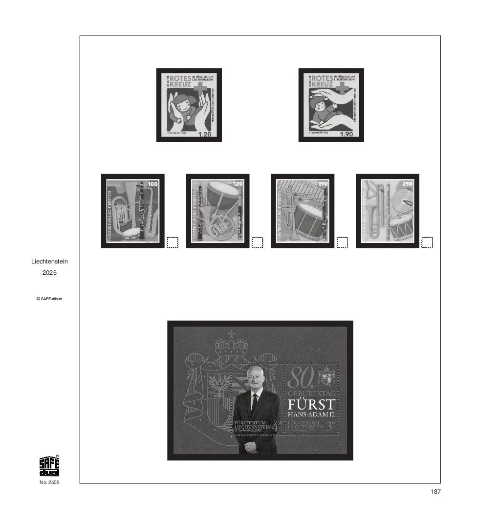 Illustration of black and white stamps from the Liechtenstein's 2025 annual supplement, displayed on a white background.