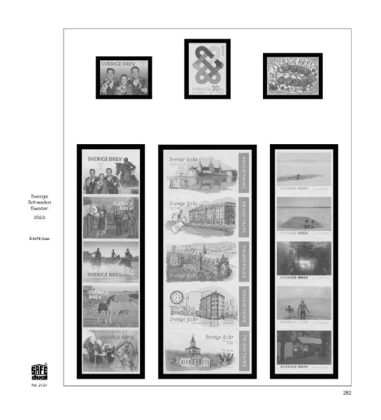 Illustration of black and white stamps from the Sweden's 2023 annual supplement, displayed on a white background.